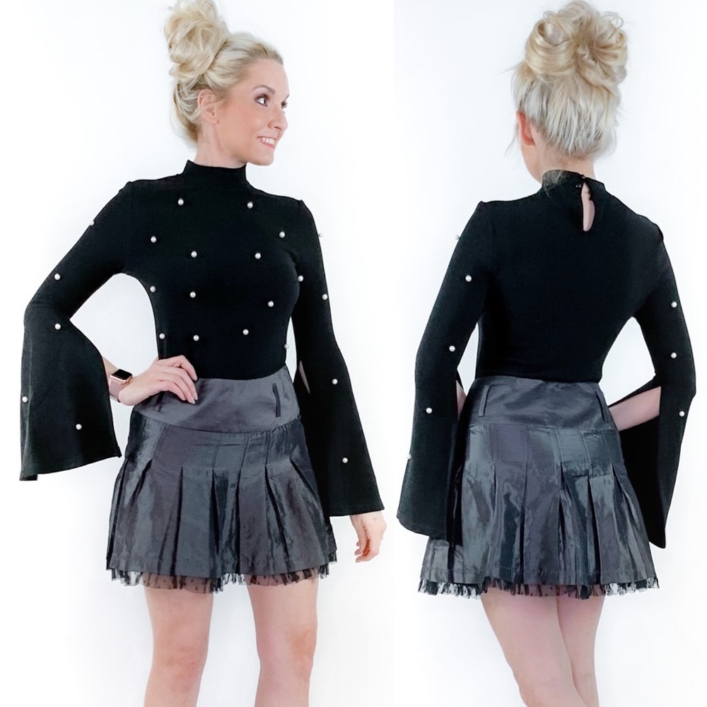 Classy Black Shirt with Pearls and Split Sleeve - Picture 6 of 8